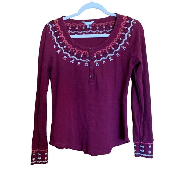 Lucky Brand Womens Size Large Multicolor Waffle Knit Embroidered Trim Blouse - Picture 1 of 7